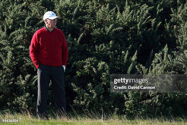 Sir Bobby Charlton of England on the 14th hole during the third round of the Alfred Dunhill Links Championship at Carnoustie Golf Links on October 4,...