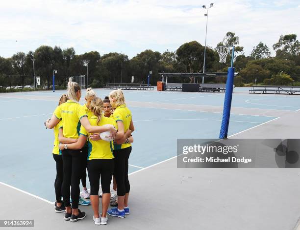 Australian Netball players Madi Robinson Jo Weston, Caitlin Thwaites, Caitlin Bassett, April Brandley, Kim Ravaillion and Liz Watson share a quiet...