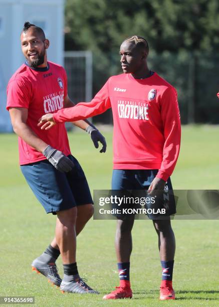 The new Crotone player, French striker Moussa Diaby, from Paris saint Germain, trains next to Crotone's Venezuelan midfielder Aristoteles Romero in...