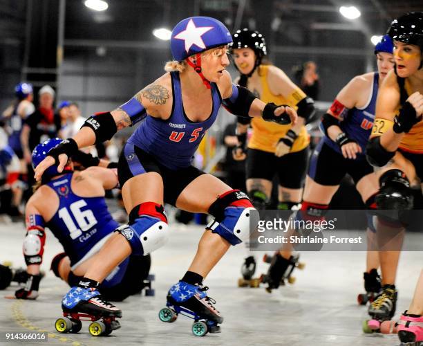 Team USA and Team Spain compete in Roller Derby World Cup at EventCity on February 4, 2018 in Manchester, England.