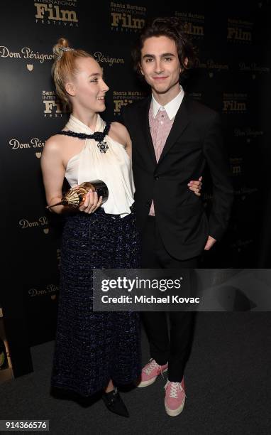 Saoirse Ronan visits the Dom Perignon Lounge after receiving the Santa Barbara Award from Timothee Chalamet at The Santa Barbara International Film...