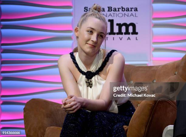Saoirse Ronan appears onstage before receiving the Santa Barbara Award at The Santa Barbara International Film Festival on February 4, 2018 in Santa...