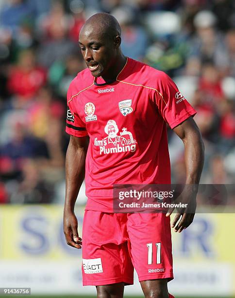 Lloyd Owusu of United looks dejected after missing a goal during the round nine A-League match between Adelaide united and the Newcastle Jets at...