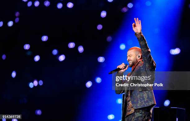 Recording artist Justin Timberlake performs onstage during the Pepsi Super Bowl LII Halftime Show at U.S. Bank Stadium on February 4, 2018 in...