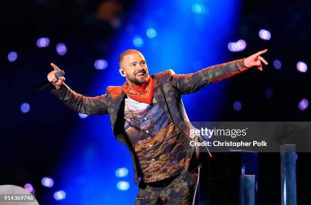 Recording artist Justin Timberlake performs onstage during the Pepsi Super Bowl LII Halftime Show at U.S. Bank Stadium on February 4, 2018 in...