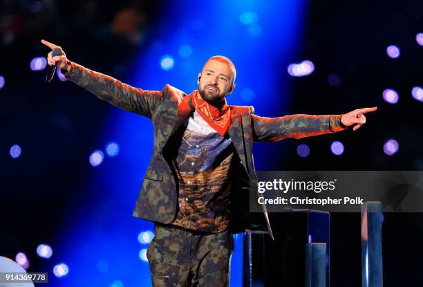 Recording artist Justin Timberlake performs onstage during the Pepsi Super Bowl LII Halftime Show at U.S. Bank Stadium on February 4, 2018 in...