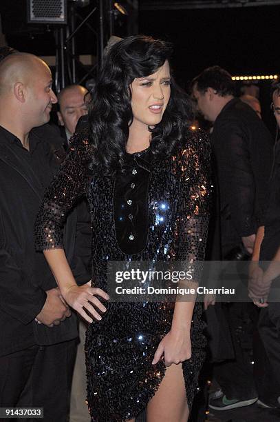 Katy Perry attends the Sonia Rykiel Pret a Porter show as part of the Paris Womenswear Fashion Week Spring/Summer 2010 at the Boutique Rykiel on...