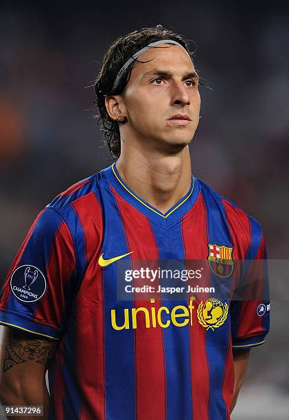 Zlatan Ibrahimovic of Barcelona looks on prior to the Champions League group F match between Barcelona and Dynamo Kiev at the Camp Nou Stadium on...