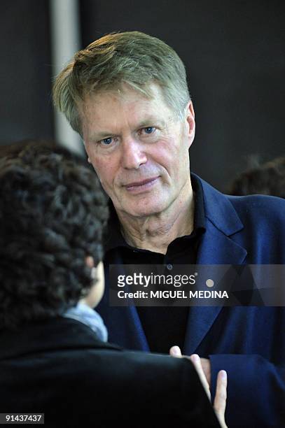 French writer Jean-Marie Gustave Le Clezio, who won the Nobel Prize in Literature in 2008, attends the "Monde des livres" meeting, on October 3 at...