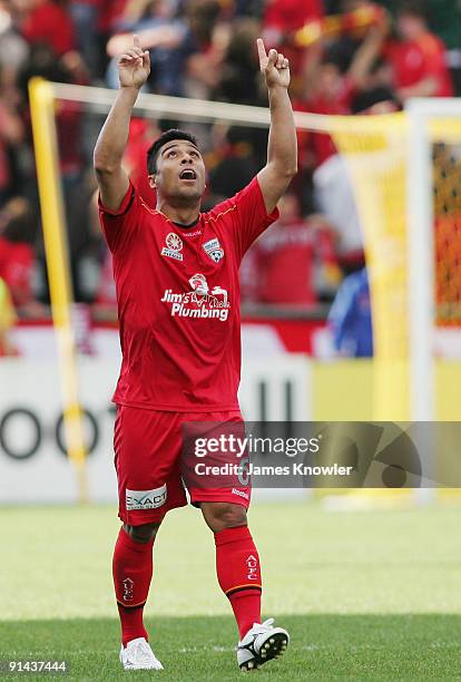 Cassio of United celebrates after kicking a goal during the round nine A-League match between Adelaide united and the Newcastle Jets at Hindmarsh...