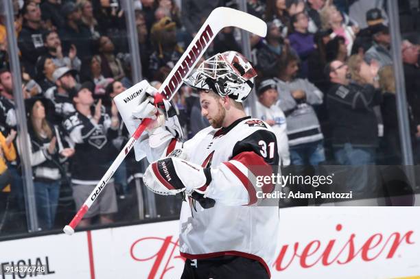 Scott Wedgewood of the Arizona Coyotes looks on during a game against the Los Angeles Kings at STAPLES Center on February 3, 2018 in Los Angeles,...