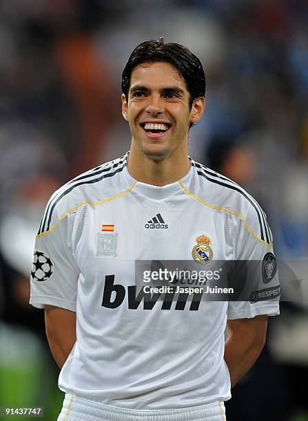 Kaka of Real Madrid smiles prior to the Champions League group C match between Real Madrid and Marseille at the Estadio Santiago Bernabeu on...
