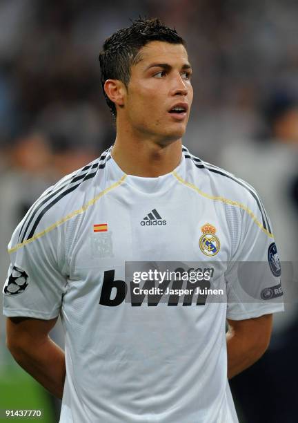 Cristiano Ronaldo of Real Madrid looks on prior to the Champions League group C match between Real Madrid and Marseille at the Estadio Santiago...