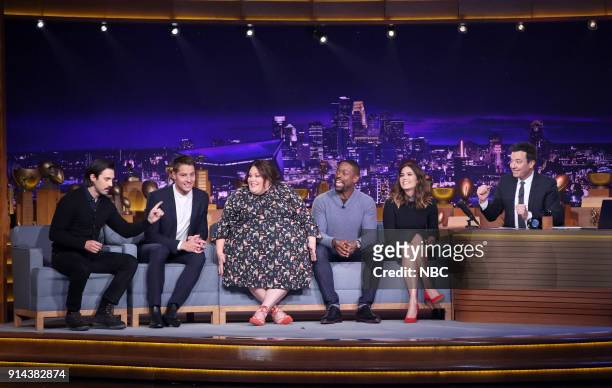 Episode 0816 -- Pictured: The cast of "This Is Us" Milo Ventimiglia, Justin Hartley, Chrissy Metz, Sterling K. Brown, Mandy Moore during an interview...