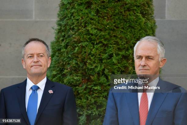 The Prime Minister of Australia, Malcolm Turnbull, and Bill Shorten the Leader of the Opposition attend the Last Post Ceremony at the Australian War...