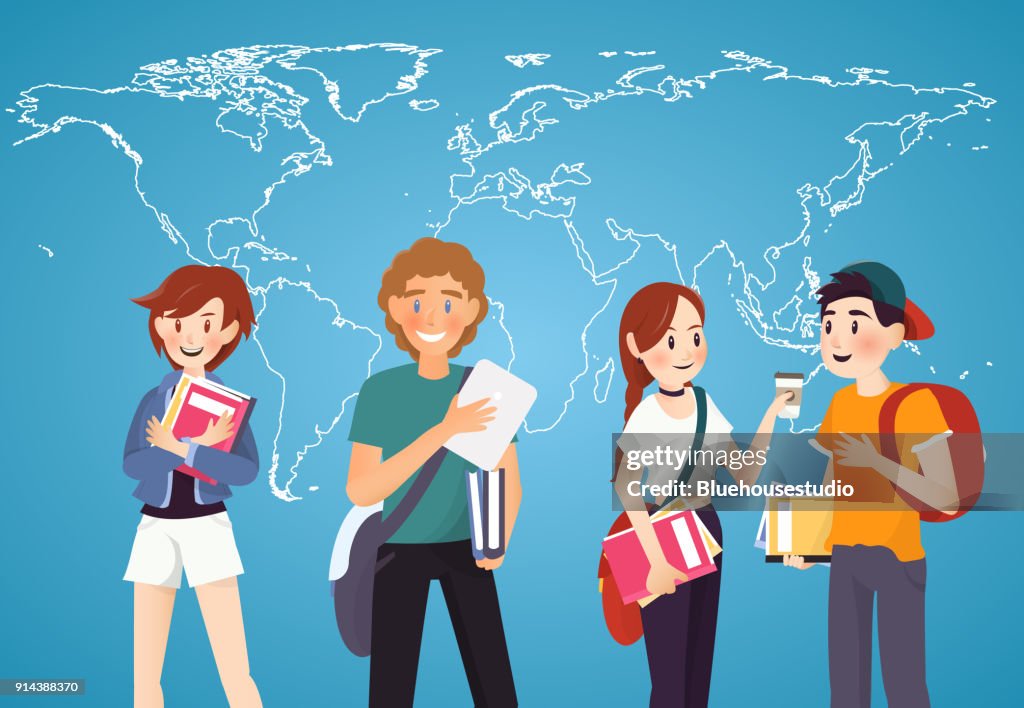 Set of students with books on world map background