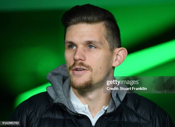 Sebastian Jung of Wolfsburg looks on before the Bundesliga match between VfL Wolfsburg and VfB Stuttgart at Volkswagen Arena on February 3, 2018 in...