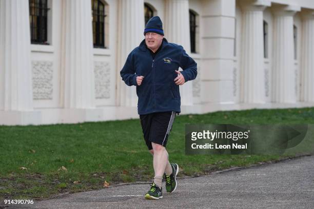 British Foreign Secretary Boris Johnson takes an early morning jog on February 5, 2018 in London, England. Following claims of disunity within the...