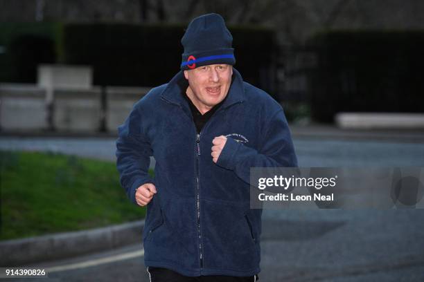 British Foreign Secretary Boris Johnson takes an early morning jog on February 5, 2018 in London, England. Following claims of disunity within the...