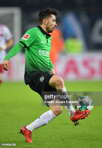 Of Julian Korb of Hannover in action during the Bundesliga match between Hamburger SV and Hannover 96 at Volksparkstadion on February 4, 2018 in...