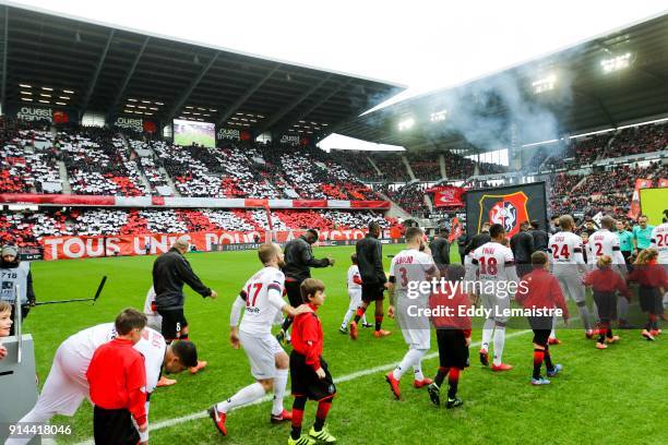 Players enter on the pitch during the Ligue 1 match between Rennes and EA Guingamp at Roazhon Park on February 4, 2018 in Rennes, .