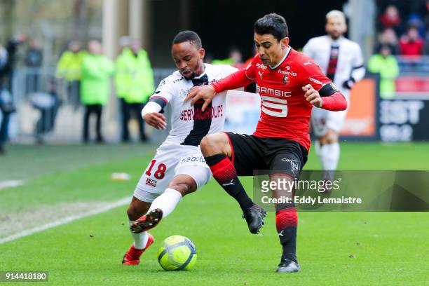 Benjamin Andre of Rennes and Lebogang Phiri of Guingamp during the Ligue 1 match between Rennes and EA Guingamp at Roazhon Park on February 4, 2018...