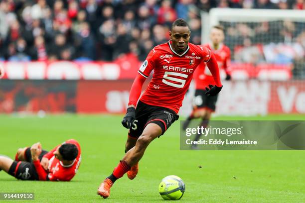 Diafra Sakho of Rennes during the Ligue 1 match between Rennes and EA Guingamp at Roazhon Park on February 4, 2018 in Rennes, .