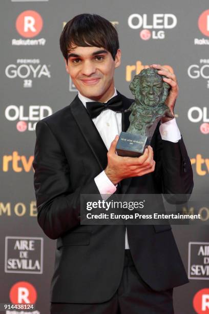 Eneko Sagardoy holds the award during the 32nd edition of the Goya Cinema Awards at Madrid Marriott Auditorium on February 3, 2018 in Madrid, Spain.