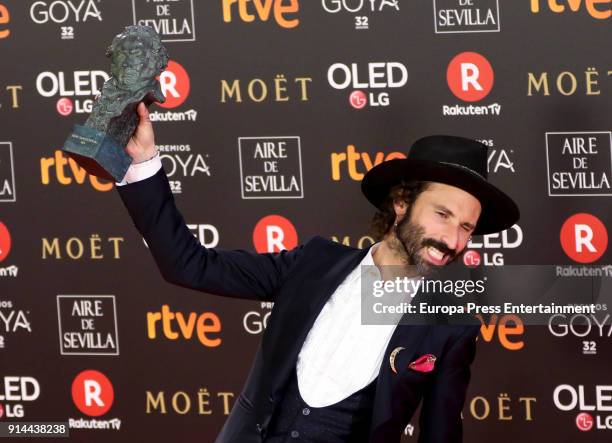 Leiva holds the award during the 32nd edition of the Goya Cinema Awards at Madrid Marriott Auditorium on February 3, 2018 in Madrid, Spain.