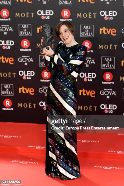 Carla Simon holds during the 32nd edition of the Goya Cinema Awards at Madrid Marriott Auditorium on February 3, 2018 in Madrid, Spain.