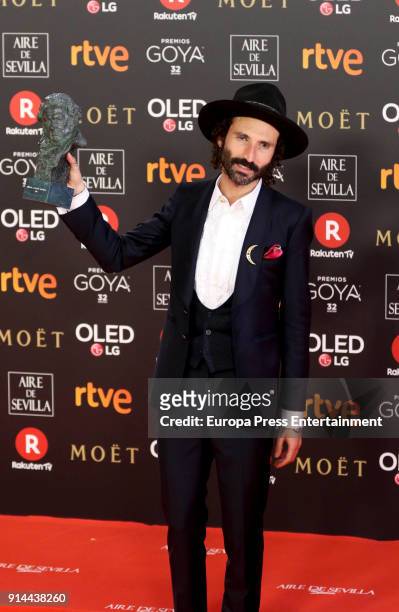 Leiva holds the award during the 32nd edition of the Goya Cinema Awards at Madrid Marriott Auditorium on February 3, 2018 in Madrid, Spain.