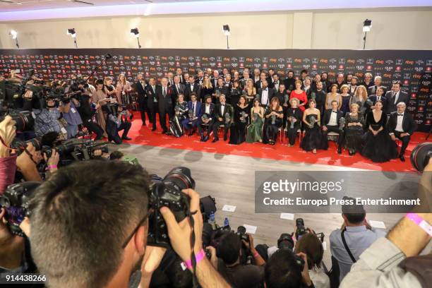 Award winners pose for a family photo during the 32nd edition of the Goya Cinema Awards at Madrid Marriott Auditorium on February 3, 2018 in Madrid,...