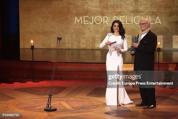 Penelope Cruz and Carlos Saura attend the 32nd edition of the 'Goya Cinema Awards' ceremony at Madrid Marriott Auditorium on February 3, 2018 in...