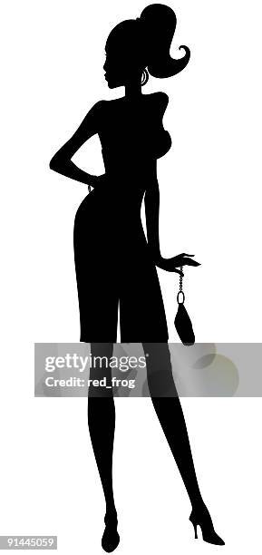 black silhouette of elegant woman looking away with purse - womens belt clip art stock illustrations