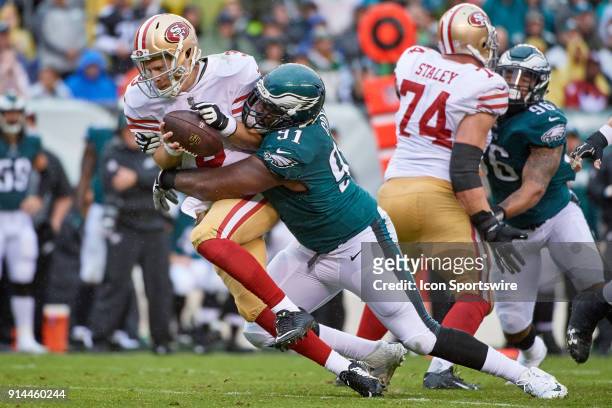 Philadelphia Eagles defensive tackle Fletcher Cox sacks San Francisco 49ers quarterback C.J. Beathard during the NFL football game between the San...