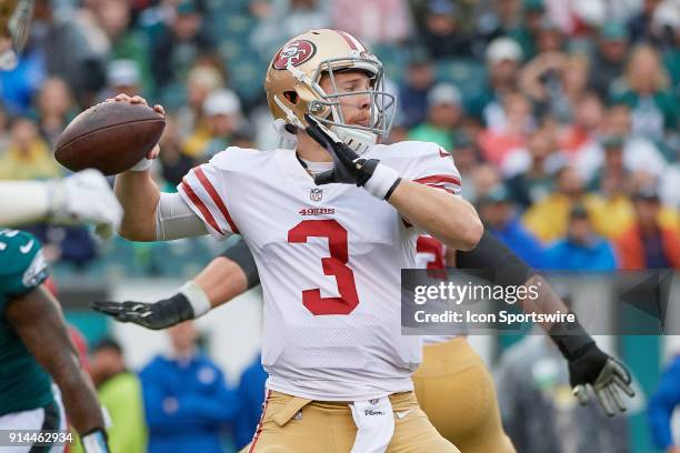 San Francisco 49ers quarterback C.J. Beathard looks to throw the football during the NFL football game between the San Francisco 49ers and the...