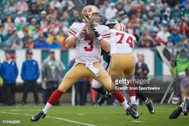 San Francisco 49ers quarterback C.J. Beathard looks to throw the football during the NFL football game between the San Francisco 49ers and the...