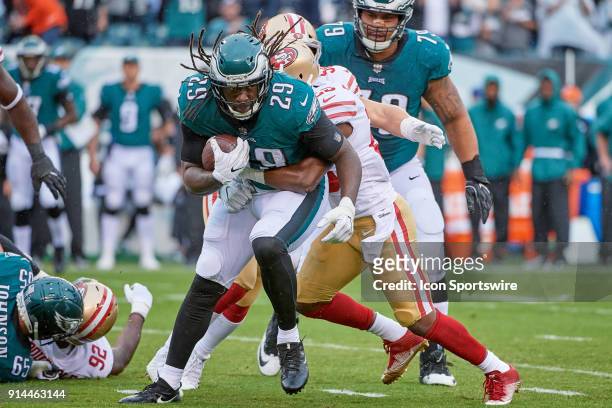 Philadelphia Eagles running back LeGarrette Blount battles with San Francisco 49ers free safety Jimmie Ward during the NFL football game between the...
