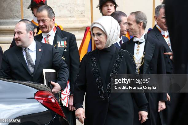 Ermine Erdogan, wife of President of Turkey Recep Tayyip Erdogan, leaves the Apostolic Palace after an audience with Pope Francis on February 5, 2018...