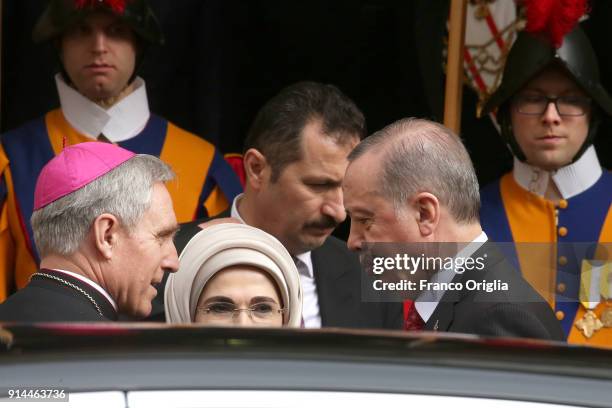 Prefect of the papal household Georg Gaenswein greets President of Turkey Recep Tayyip Erdogan and wife Ermiine Erdogan as they leave the Apostolic...