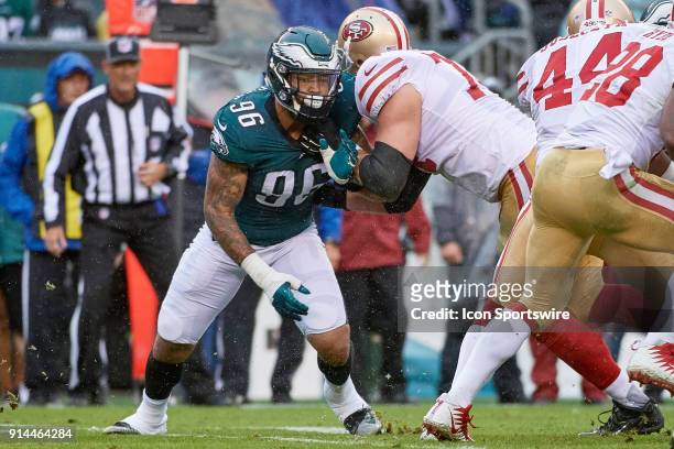 Philadelphia Eagles defensive end Derek Barnett battles with San Francisco 49ers offensive tackle Joe Staley during the NFL football game between the...