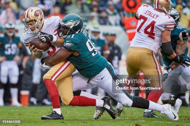 Philadelphia Eagles defensive tackle Fletcher Cox sacks San Francisco 49ers quarterback C.J. Beathard during the NFL football game between the San...