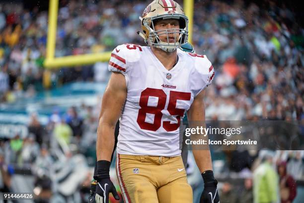 San Francisco 49ers tight end George Kittle looks on during the NFL football game between the San Francisco 49ers and the Philadelphia Eagles on...