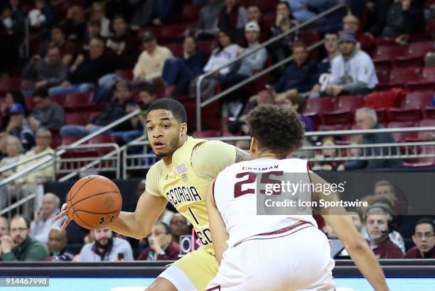 Georgia Tech Yellow Jackets guard Tadric Jackson defended by Boston College Eagles guard Jordan Chatman during a college basketball game between...