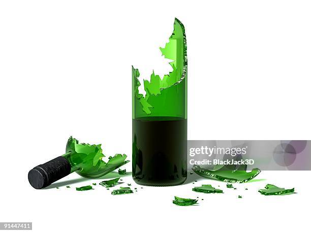 broken green glass wine bottle on a white background - broken glass pieces stock pictures, royalty-free photos & images