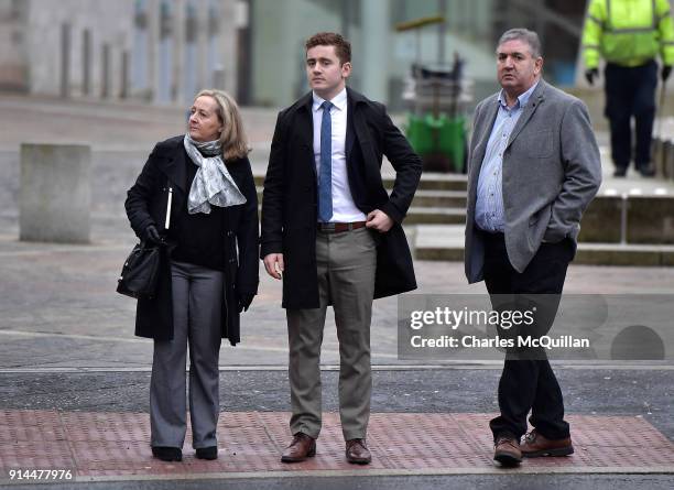 Paddy Jackson arrives at Belfast Laganside courts alongside family members on February 5, 2018 in Belfast, Northern Ireland. The Ireland and Ulster...