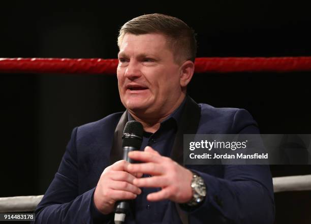 Ricky Hatton, ex-professional boxer, speaks to the audience during the Ultimate Boxxer Launch at the ME London Hotel on February 5, 2018 in London,...