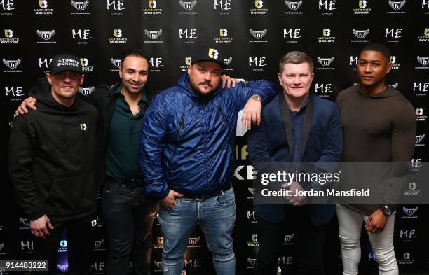 Anthony Crolla, Paulie Malignaggi, Charlie Sloth, Ricky Hatton and Rickie Haywood Williams pose for a photo during the Ultimate Boxxer Launch at the...