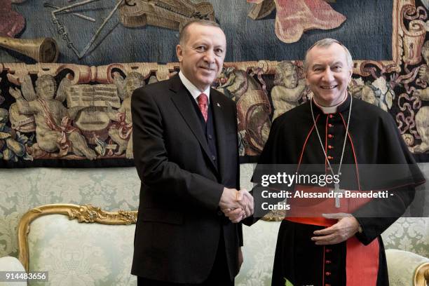 Pope Francis meets President of Turkey Recep Tayyip Erdogan at the Apostolic Palace on February 5, 2018 in Vatican City, Vatican. .