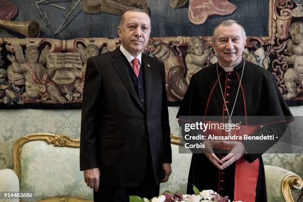 Pope Francis meets President of Turkey Recep Tayyip Erdogan at the Apostolic Palace on February 5, 2018 in Vatican City, Vatican. .